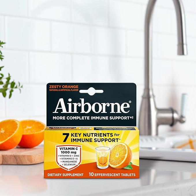 Airborne Immune Support Effervescent Tablets, Zesty Orange Flavor - 10ct with 1000mg Vitamin C + Vitamins A, D, E, Zinc, Selenium, Manganese & Herbal Blend - Sugar‑Free, Gluten‑Free