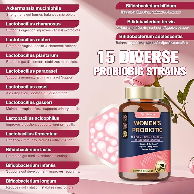 Totaria (2 Packs) Probiotics for Women, 120 Billion Women Probiotic, Digestive Enzymes & Prebiotics, with Akkermansia, Cranberry, D-Mannose, for Gut, Urinary, Immune, PH Balance, 240 Vegan Capules