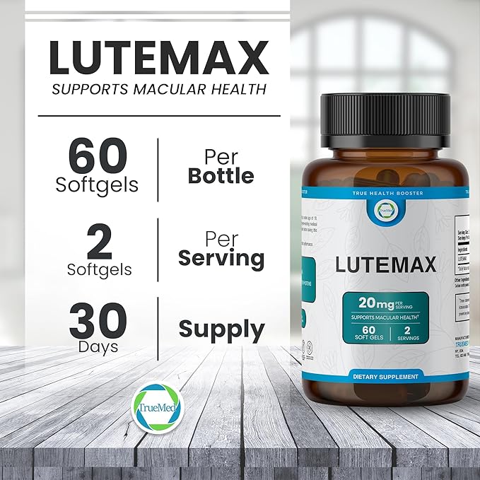 Lutemax 20mg 30 Days Supply Eye Supplement - Supports Macular Health, Vision Clarity, Heart Health, Protects Eyes from Blue Light & Photons, Antioxidant Protection, GMP Certified 60 Softgel.