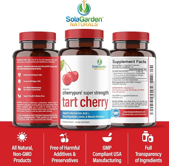 Super Strength CherryPURE Tart Cherry Supplement – 50:1 Concentrate Grown in The USA - Made with Non GMO Montmorency Cherries – by SolaGarden Naturals. 60 Non GMO Veggie Capsules.