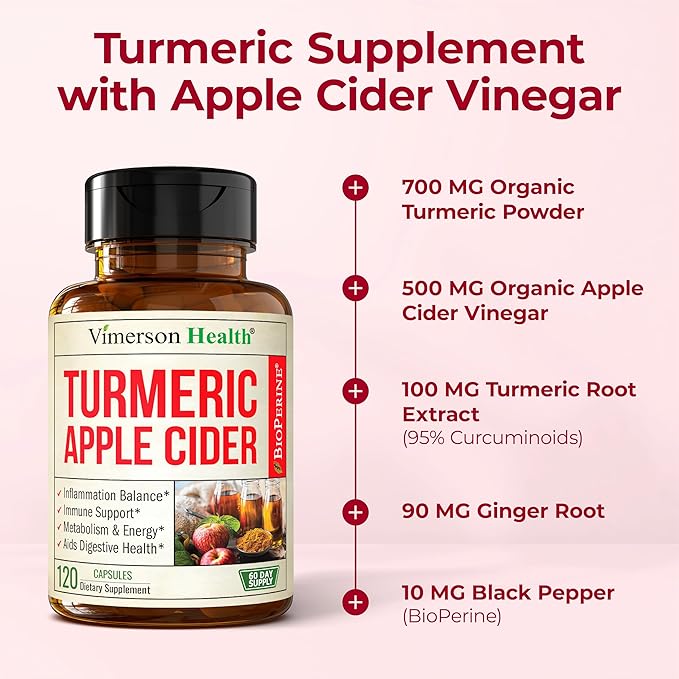 Organic Apple Cider Vinegar with Turmeric Curcumin Supplement & Ginger for Digestive Health, Metabolism, Energy & Joint Support – Organic Turmeric & Apple Cider Vinegar Capsules – 120 Vegan Capsules