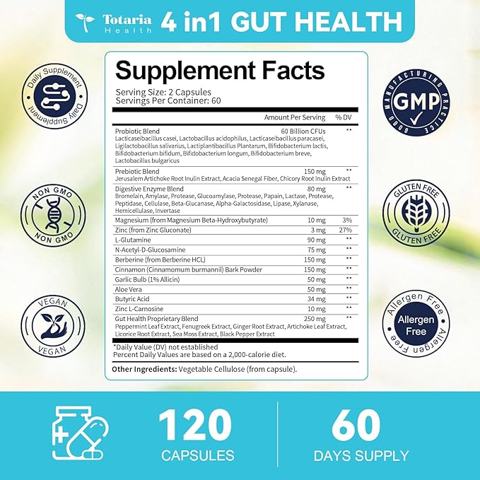 14-in-1 Gut Health with Probiotics, Prebiotics, Postbiotics & Digestive Enzymes for Women & Men, 60 Billion CFU Probiotics for Digestion, Strong Immunity, Skin, Complete Gut Health (120 Capsules)