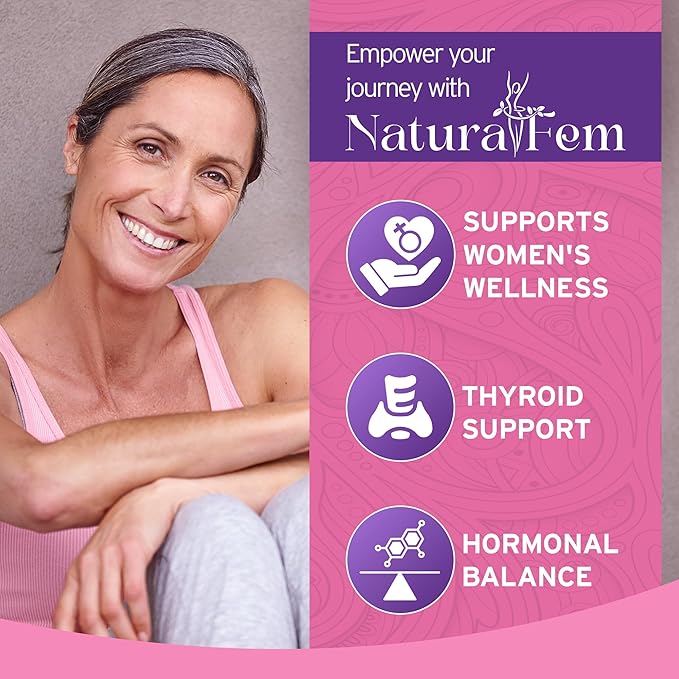 NaturalFem Advanced Thyroid Support & Hormone Balance for Women with Kelp, Turmeric, Milk Thistle, Chlorella, Aquamin & Botanical Formula - Mood & Focus Iodine Supplement - 90 Capsules