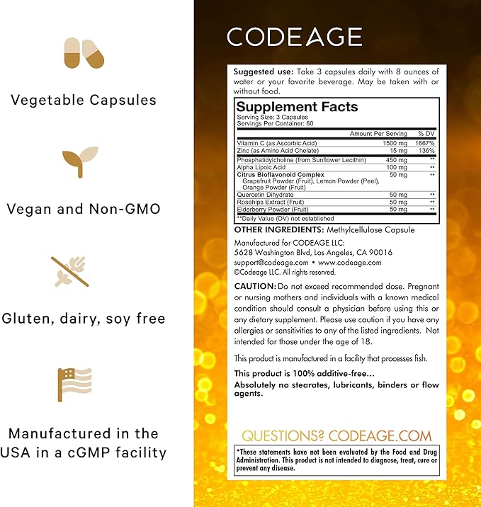 Codeage Liposomal Vitamin C 1500mg with Zinc, Elderberry, Citrus Bioflavonoids Grapefruit, Lemon, Orange Powder, Quercetin & Rose Hips Fruit – Vegan Supplement - Non-GMO, Vegan Pills - 2 Pack