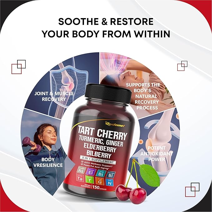 Tart Cherry Turmeric Ginger Stinging Ashwagandha Elderberry Bilberry Black Pepper -150 Capsules