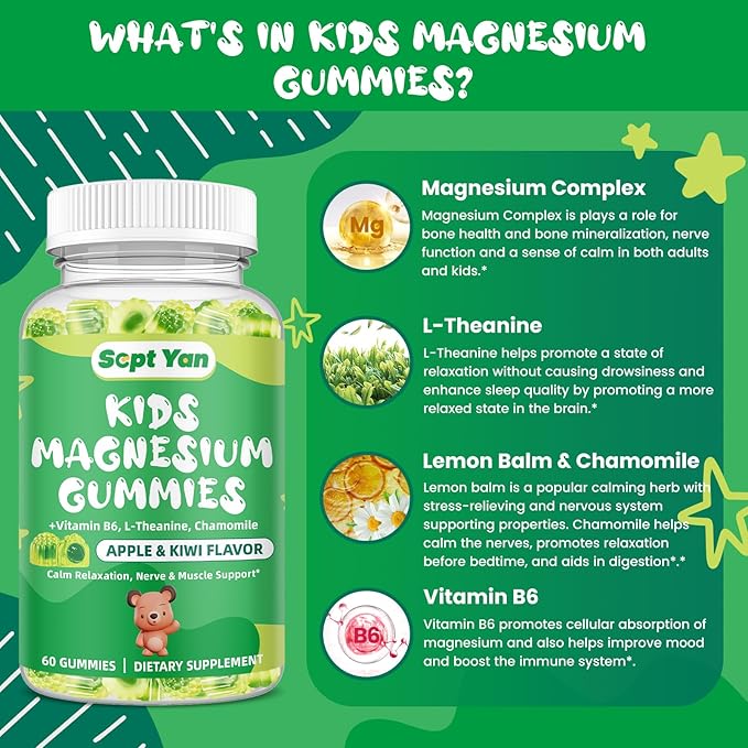Kids Magnesium Gummies, Magnesium Glycinate Gummies for Kids & Adults with Citrate, L-Theanine, Chamomile, Vitamin B6 for Sleep, Relaxation, Brain & Muscle, Sugar Free Apple & Kiwi Flavor 60ct