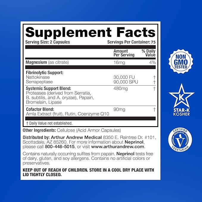 Arthur Andrew Medical, Neprinol AFD, Multi Enzyme Blend with Serrapeptase & Nattokinase, 150 Count (Pack of 1)