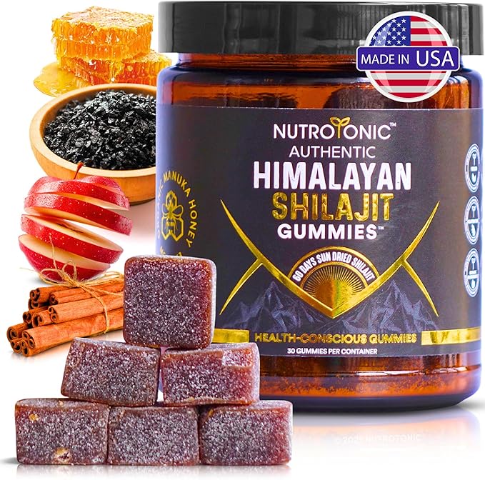 NutroTonic® Organic SHILAJIT Gummies | Apple Cinnamon Flavor | Shilajit for Men & Women | No Added Sugar, Sweetened by Manuka Honey | Clean Formula | Natual Source of Urolithin | 30 Gummies
