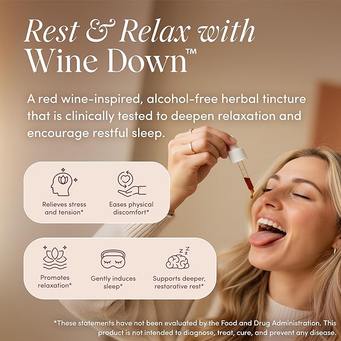 Apothékary Wine Down, Natural Sleep and Relaxation Support, Alcohol-Free Red Wine-Inspired Herbal Liquid Drops, Consists of Blue Vervain, Tart Cherry, and California Poppy, 1 oz, 30 Servings