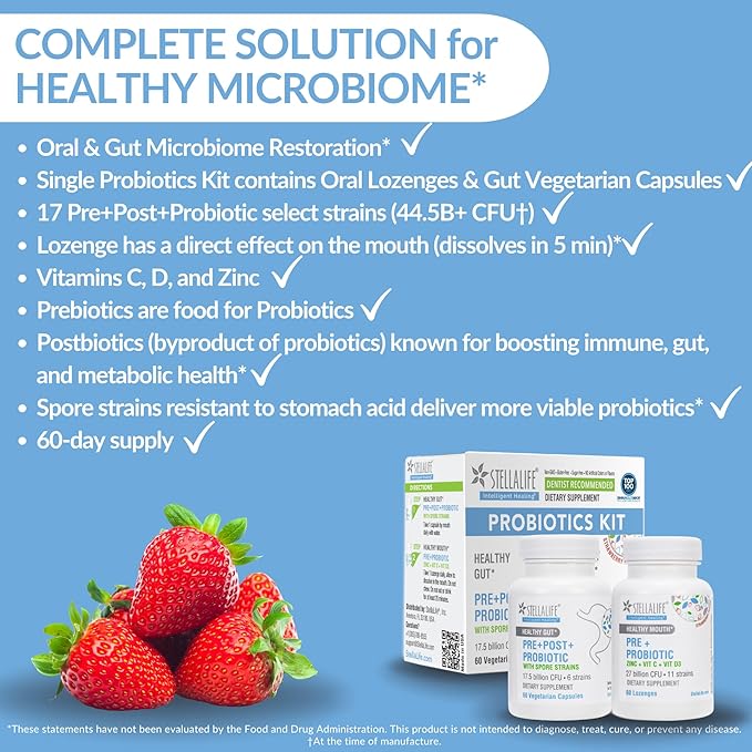 StellaLife Probiotics Oral & Gut Prebiotics Post Probiotics Kit: 44.5B CFU, 11 Oral & 6 Gut Spore strains for Digestive & Dental Health, Bad Breath Treatment, Tongue Hygiene, Strawberry Flavor, 60-day