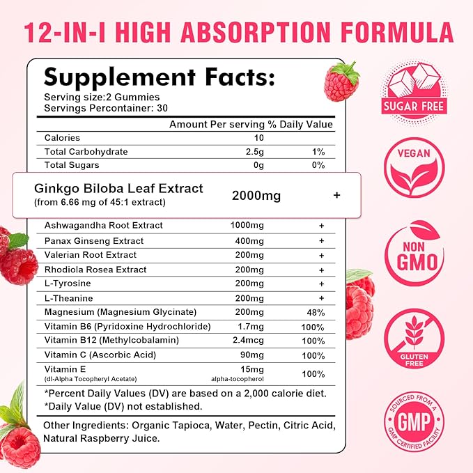 Ginkgo Biloba Gummies with Panax Ginseng and Magnesium, Ginkgo Biloba Supplements for Focus, Memory, and Brain Health for Adults & Kids, Vegan Raspberry Flavor Gummies, 60 Count