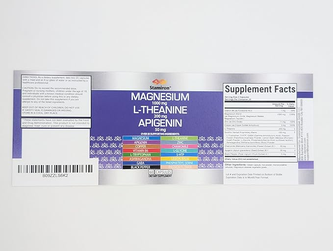 Magnesium Complex 1000mg L Theanine 200mg Apigenin 50mg Supplement with Mag Glycinate Citrate Malate Taurate + Chamomile 5-HTP Passion Flower Lemon Balm B6 Ashwagandha and L Tryptophan - Made in USA