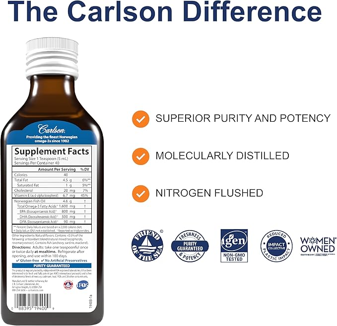 Carlson - The Very Finest Fish Oil, 1600 mg Omega-3s, Liquid Fish Oil Supplement, Norwegian Fish Oil, Wild-Caught, Sustainably Sourced Fish Oil Liquid, Just Peachie, 200 mL (6.7 Fl Oz)
