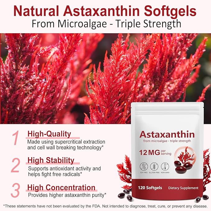 Xaarty Premium Astaxanthin 12mg, Natural Antioxidant Supplement for Eye, Joint, Skin Health,Microalgae Source, 4 Month Supply | Supports Internal Circulation, 120 Softgels