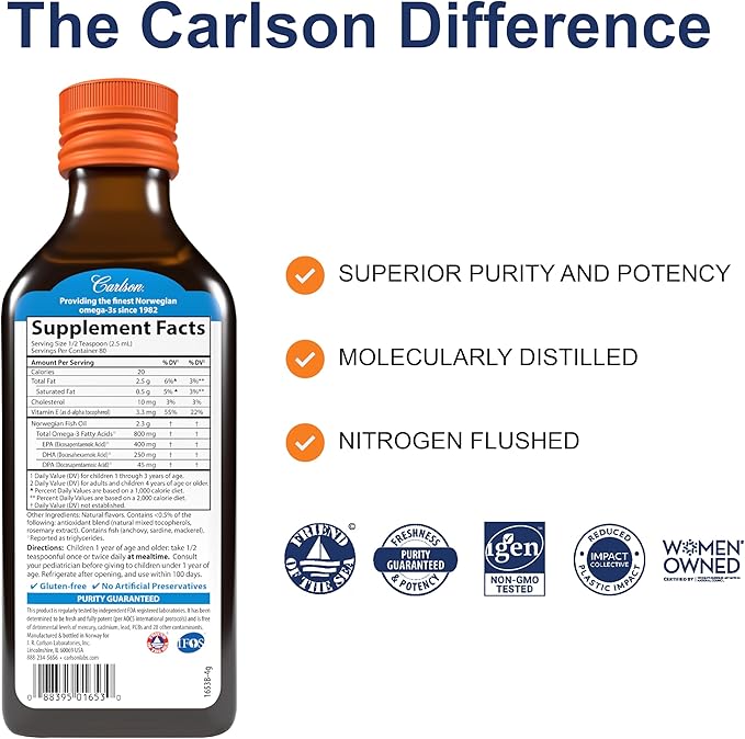 Carlson - Kid's The Very Finest Fish Oil, 800 mg Omega-3s, Norwegian, Sustainably Sourced, Orange, 200 mL