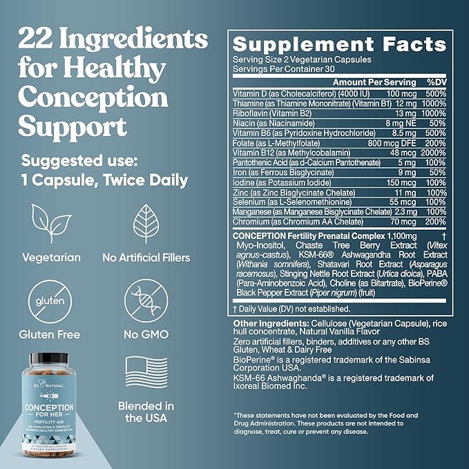 Eu Natural Conception for Her Fertility Supplements for Women - Ovulation, Hormonal Balance & Regular Cycle Support - Myo-Inositol, Folate, Shatavari & Vitex - 120 Vegetarian Capsules