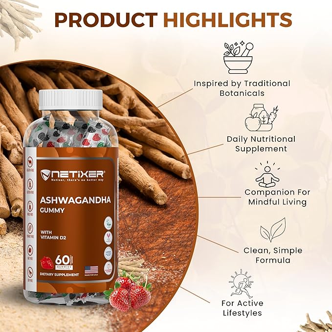 Ashwagandha Gummies – Vegan, Strawberry Flavor – with KSM-66 300mg & Vitamin D2 50mcg – Gluten-Free, Gelatin-Free, Non-GMO – 60 Gummies – Adaptogen Supplement for Adults