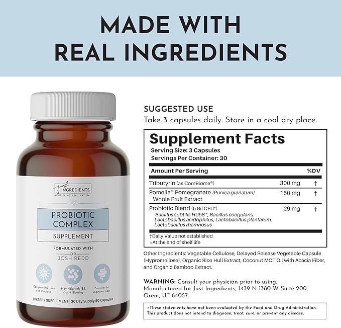 JUST INGREDIENTS Probiotic Complex - 60 Capsules, 5 Billion CFU, Prebiotics, Gut Health Support