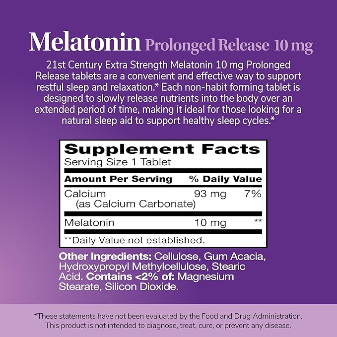 21st Century Melatonin 10mg Extra Strength Tablets, (120 Count), Prolonged Release Sleep Aid for Adults, Promotes Relaxation & Restful Sleep, Non-Habit Forming, Gluten-Free, Non-GMO
