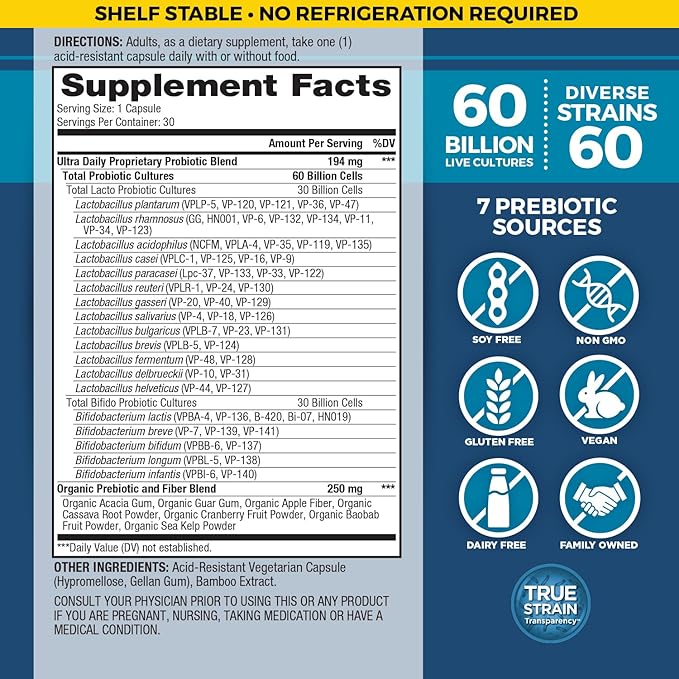 Vital Planet - Vital Flora Ultra Daily Probiotic 60 Billion CFU, 60 Diverse Strains, 7 Organic Prebiotics, Immune Support, Digestive Health Shelf Stable Probiotics for Women and Men 30 Capsules