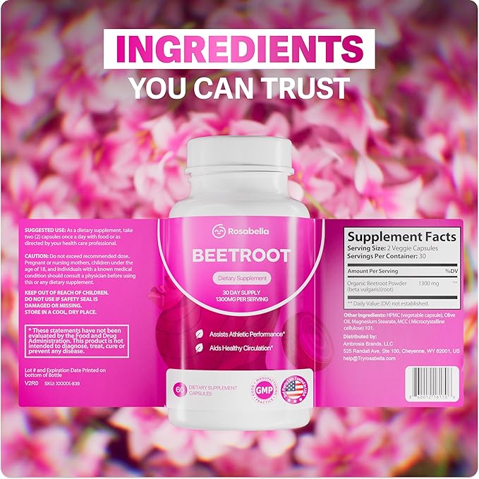 Rosabella Organic Beet Root Capsules - 1300mg Beet Root Powder Aids Healthy Circulation & Vitality, Non-GMO, Beet Root Supplement - 120 Capsules, 60-Day Supply