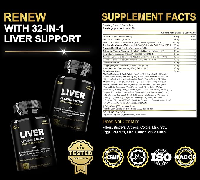 DLNIA 32 in 1 Liver Cleanse Detox & Repair Formula with Apple Cider Vinegar, Milk Thistle Supplement, Artichoke, Dandelion Root Supplement - Non-GMO & Vegan Herbal Liver Support & Repair