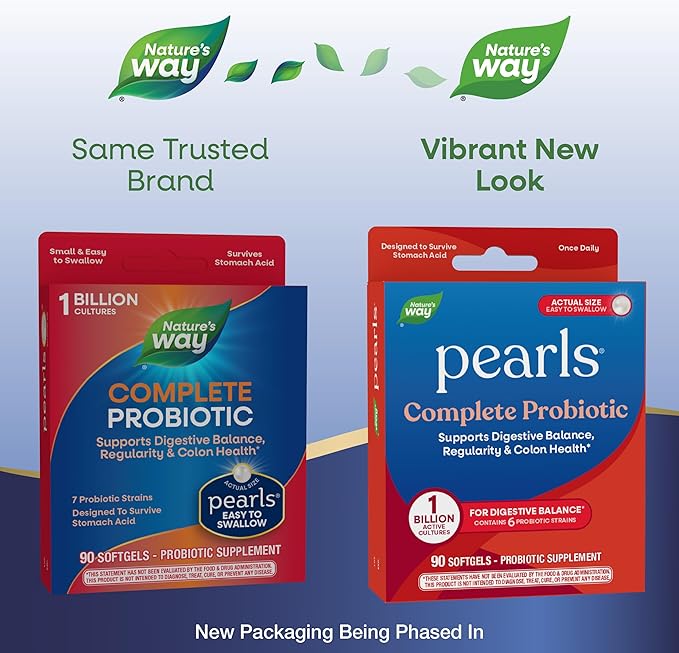 Nature's Way Pearls Complete Probiotic, Supports Digestive Balance*, 1 Billion Live Cultures, Supplement for Men and Women, No Refrigeration Required, 90 softgels