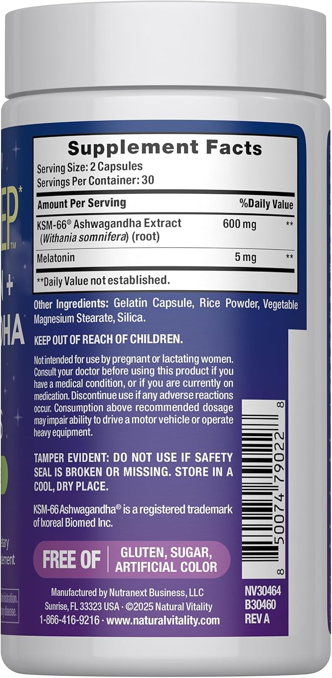 Natural Vitality Calm Sleep Melatonin and Ashwaganda KSM-66 Capsules | 100% Drug Free | 60 Count