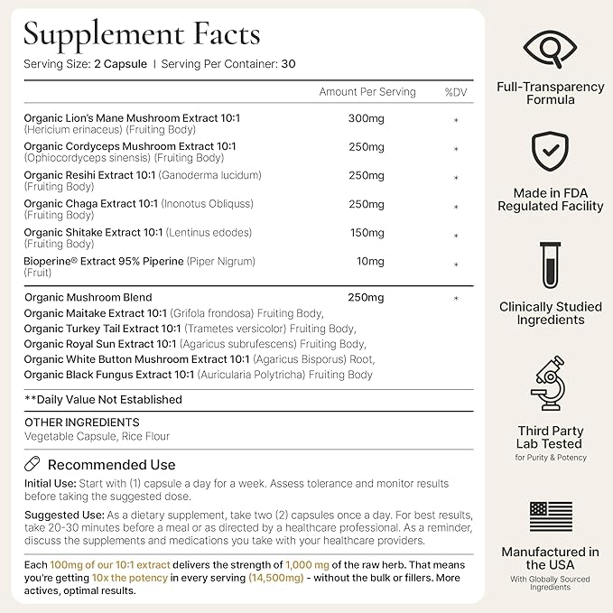 ACEWORKZ Mushroom Complex Supplement 14,500mg - Organic 10 Mushroom Blend with Lion’s Mane and BioPerine, Reishi & Cordyceps – Memory, Focus & Immune Support for Enhanced Absorption (60 Capsules)