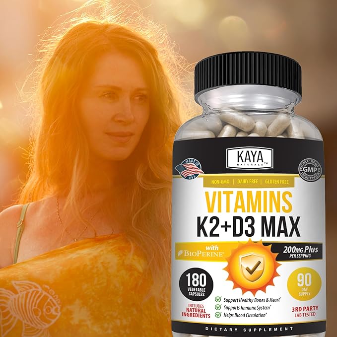 Kaya Naturals Vitamins K2 with D3 5000IU Supplement for Men and Women - Easy to Swallow - Bioperine Capsules (180 Count (Pack of 1)
