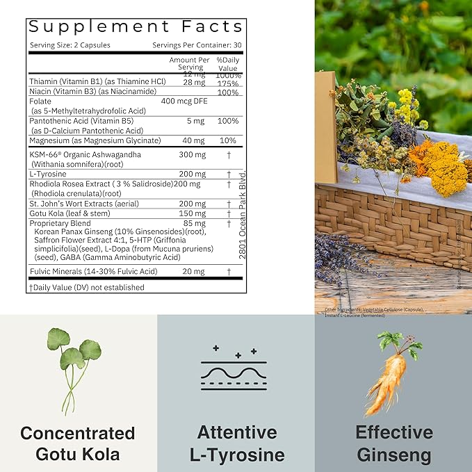 Mood Support Vegan Capsules – Organic KSM‑66 Ashwagandha, St John’s Wort, Rhodiola, Saffron, Panax Ginseng & L‑Tyrosine – Natural Emotional Balance, Energy & Focus – 60ct