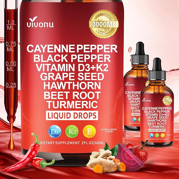 VivoNu Cayenne Pepper Softgels Supplement, Supports Leg Vein, Heart and Blood Vessel Health, with Vitamin E D3+K2 and Extracts of Grape Seed, Hawthorn, Beetroot, Berberine (Drops /2 Bottle)
