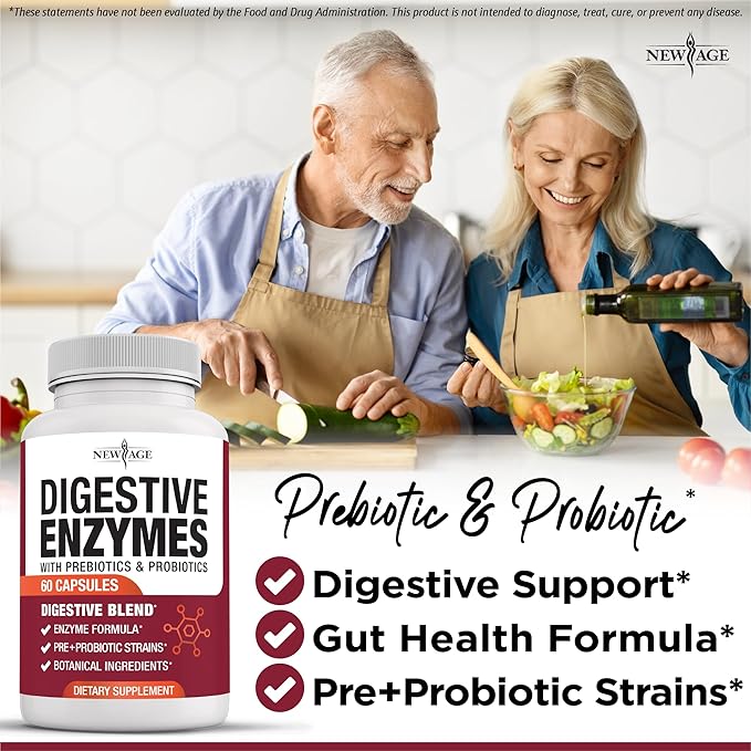 NEW AGE Digestive Enzymes for Gut Health - Probiotic Multi Enzymes with Prebiotics and Probiotics with Lipase for Women and Men for Digestive Health, Daily Enzymes for Digestion - 60 Count