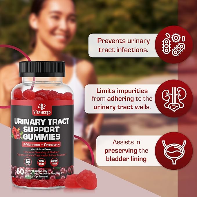 Potent Cranberry Gummies with D Mannose - Urinary Tract Health for Women & Men, Urinary Flush & Bladder Fast-Acting Support Supplements with Hibiscus Powder, 60 Count