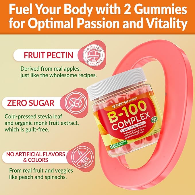 Super Vitamin B Complex Gummies - Methylated B Complex for Women & Men, All B Vitamins, Methyl B12, Methylfolate, Vitamin C, Choline, Inositol, PABA for Energy, Brain & Immune, 0g Sugar, Vegan, 60 Cts
