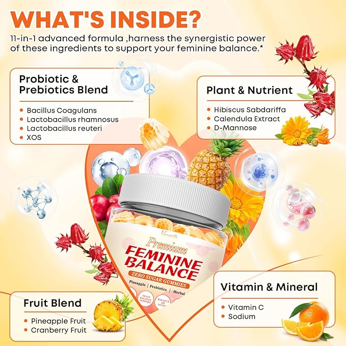 Sugar Free Feminine Balance Gummies for Women - Pineapple Gummies for Women PH Balance, Healthy Odor, Yeast Balance & Flora - Vegetarian Friendly - 60 Count