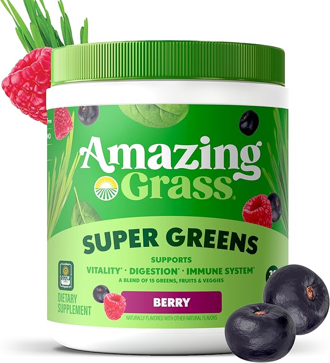 Amazing Grass Greens Superfood Powder: Greens Powder with Digestive Enzymes & Probiotics, Organic Spirulina, Chlorella, and Beet Root Powder, Berry, 30 Servings (Packaging May Vary)