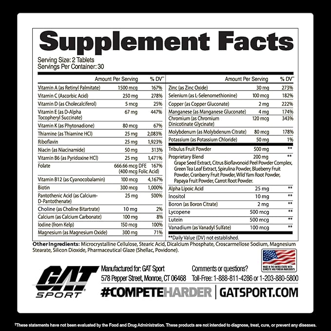 GAT SPORT Men's Multi + Test, Premium Multivitamin Tablets (60 Count)