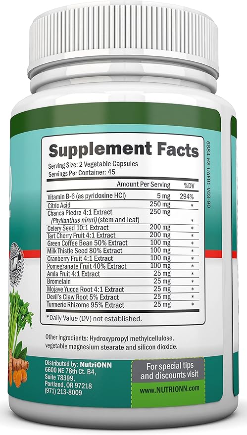 Uric Acid Flush - Herbal Uric Acid Cleanse Supplement - With Tart Cherry, Celery Seed Extract, Chanca Piedra, Devil’s Claw & Green Coffee Bean - Vegan - Supports Gallbladder and Kidney Health