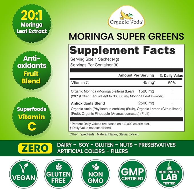 Organic Veda Moringa Super Greens, 30 Sticks Drink Mix Powder - 20 X Concentrated Moringa Leaf Powder Extract with Amla, Pineapple, Antioxidant Superfoods for Energy & Metabolism - Tea & Smoothie Mix