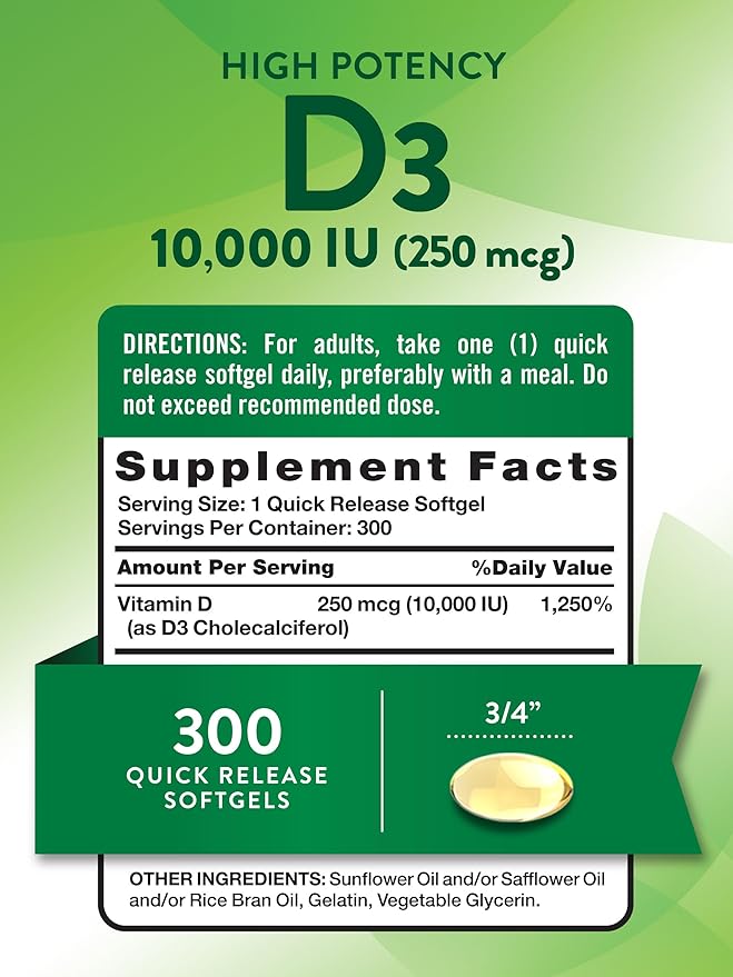 Nature's Truth Vitamin D3 10000 IU Softgels | 300 Count | Extra Strength | Non-GMO & Gluten Free Supplement