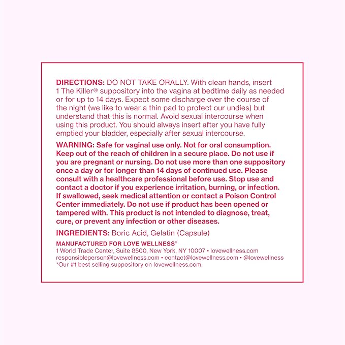 Love Wellness The Killer | 600mg Boric Acid Vaginal Suppositories | Balances pH & Supports Odor Control, a Healthy Vaginal Balance | Fast-Acting & Fragrance-Free | Gentle & Effective | 28 Ct