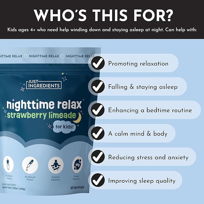 JUST INGREDIENTS Kids Nighttime Relax Drink Mix – Strawberry Limeade Flavor – 60 Servings | Magnesium, Tart Cherry & L-Theanine | Supports Evening Calm, Relaxation & Restful Sleep*