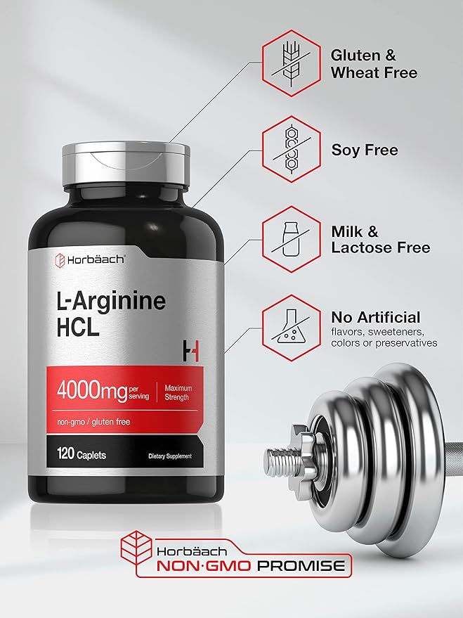 Horbäach L-Arginine 4000mg| 120 Caplets | for Men and Women | Maximum Strength Nitric Oxide Precursor | Vegetarian, Non-GMO, Gluten Free Supplement