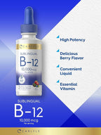 Carlyle Vitamin B12 Sublingual Liquid Drops | 10,000mcg | 2 fl oz | Vegetarian, Non-GMO, Gluten Free