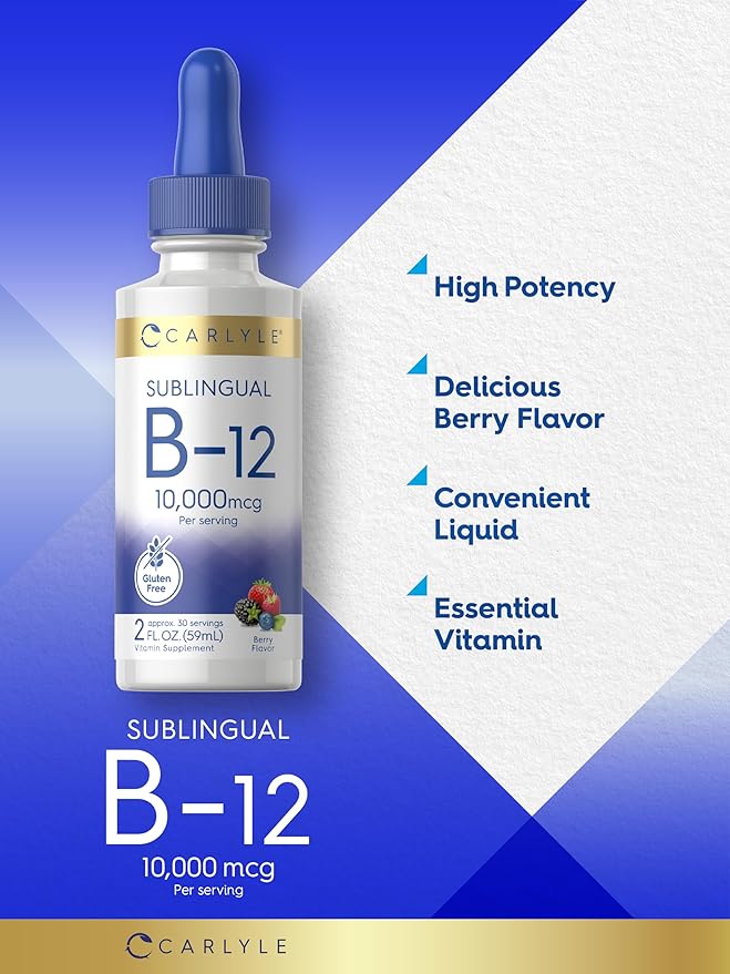 Carlyle Vitamin B12 Sublingual Liquid Drops | 10,000mcg | 2 fl oz | Vegetarian, Non-GMO, Gluten Free