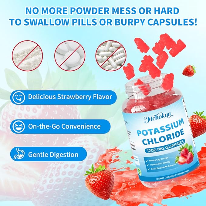 Potassium Chloride Gummies 1200mg for Adults & Kids, Sugar-Free Potassium Supplement Gummies Support Leg Cramps & Electrolyte Balance for Women & Men, Strawberry Flavor, 60 Count