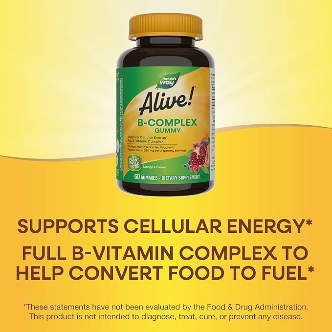 Nature's Way Alive! Vitamin B Complex Gummies, Cellular Energy Support*, 8 B-Vitamins, Vegetarian, Mango Flavored, 60 Count (Packaging May Vary)