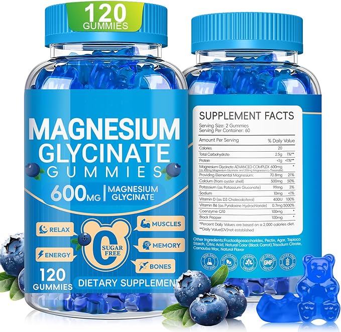 Magnesium Glycinate Gummies 600mg, Chewable Sugar Free Potassium Magnesium Gummies with Manganese Glycinate, Vitamin D, B6, and CoQ10 for Calm Support & Sleep for Adults, 60 Days Supply