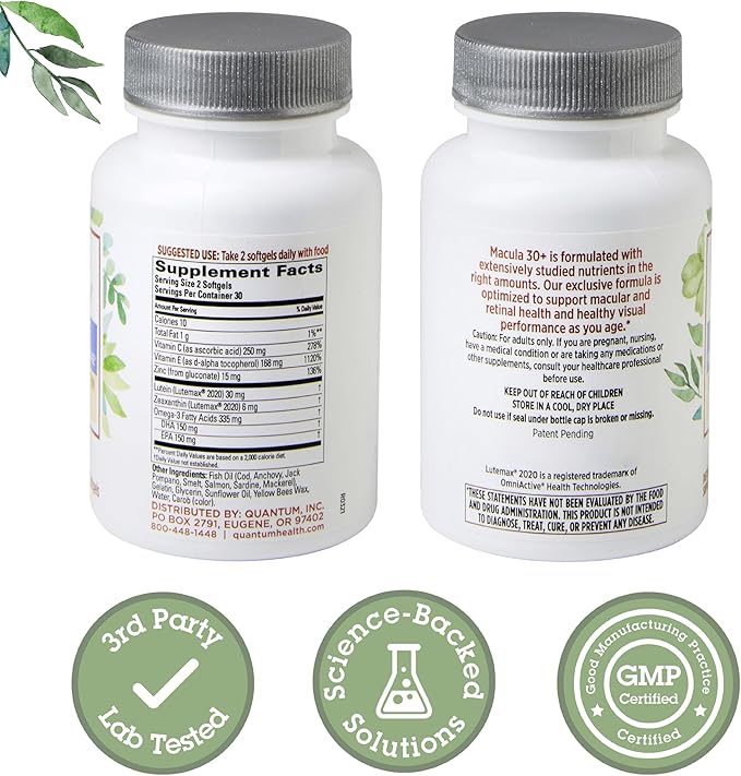 Quantum Health Macula 30+ Eye Health Supplement|Promotes Macular and Retinal Health as You Age|Formulated with Lutein, Zeaxanthin, Omega-3, and Vitamins C & E|60 Softgels, 30 Day Supply